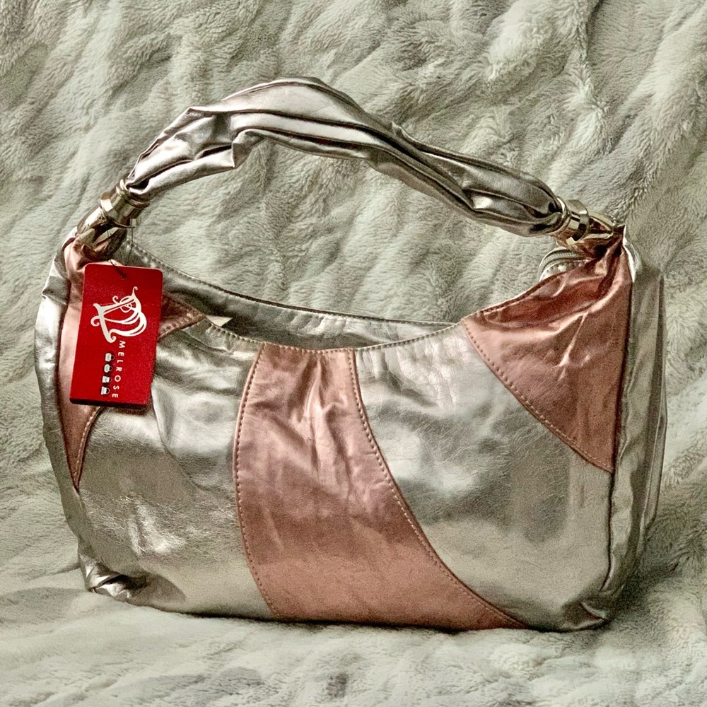 Melrose Metallic Silver/Blush Hobo Purse 18”Lx5”Wx9”H